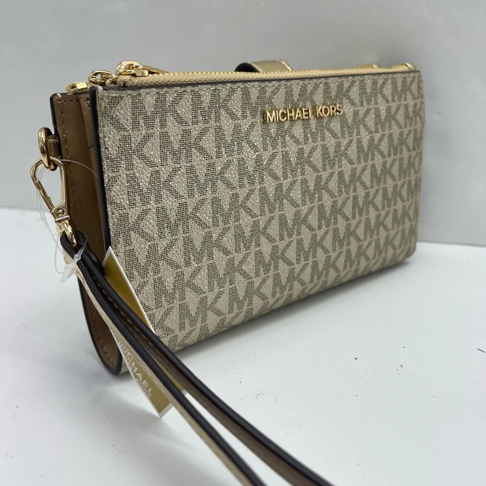 MICHAEL KORS Jet Set Travel Lg Double Zip Signature Logo Wristlet Wallet Pale Gd